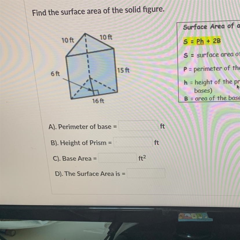 Please help I really need it are you to do is find the Surface area-example-1