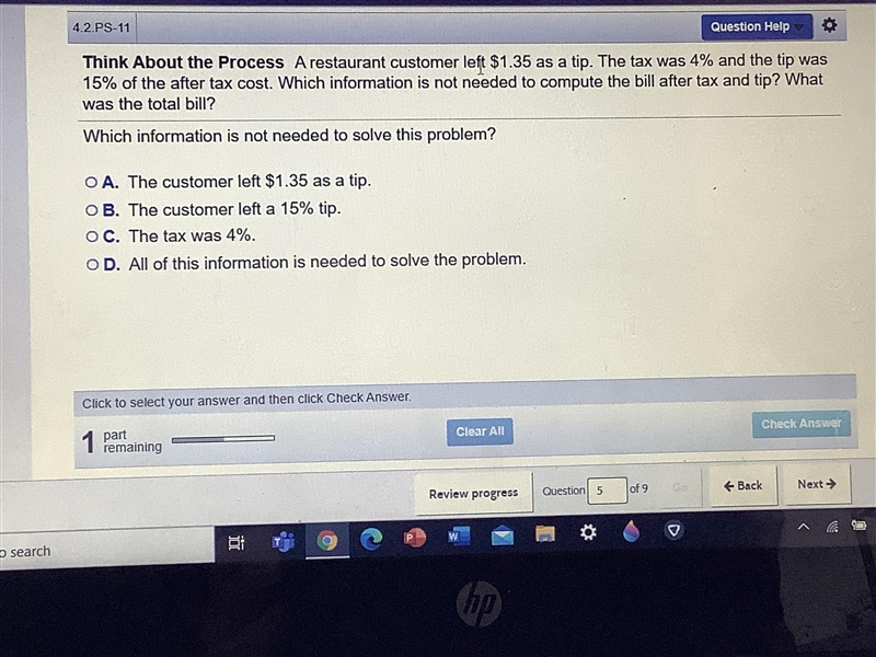 A restaurant customer left $1.35 as a tip. The tax was 4% and the tip was 15% of the-example-1