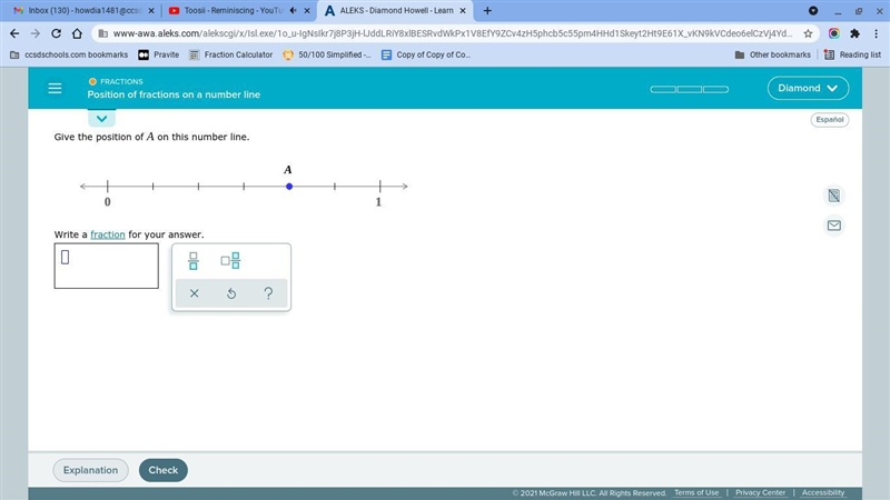 Give the position of A on this number line. Write a fraction for your answer.-example-1