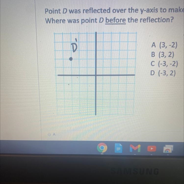 Point D was reflected over the y-axis to make Point D'. Where was point D before the-example-1