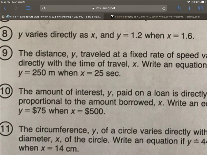 Y varies directly as X , and Y=1.2 when X=1.6.Solve for points.-example-1