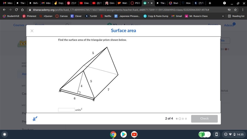 Find the surface area of the triangular prism shown below.-example-1