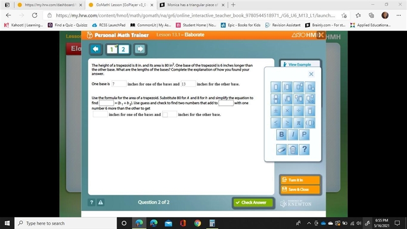 The height of a trapezoid is 8 in. and its area is 80 in2. One base of the trapezoid-example-1