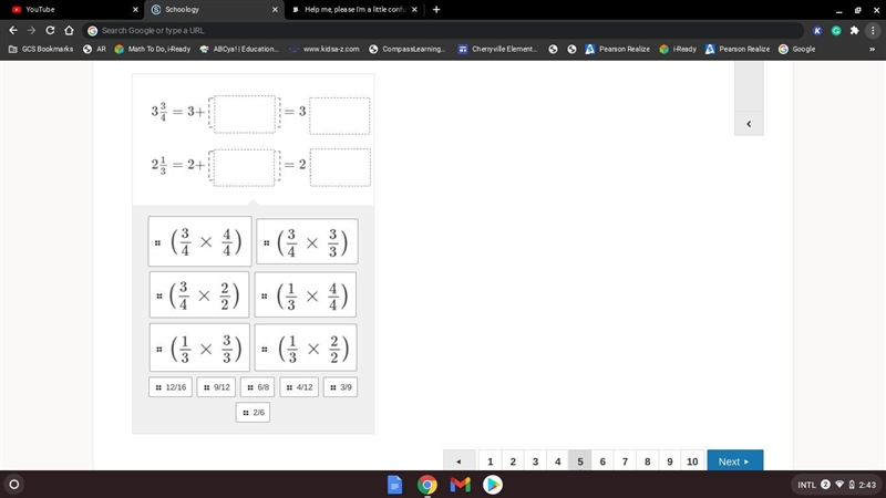 Stuart wants to find the value of 3 3/4 -2 1/3 Before Stuart can subtract, he needs-example-1