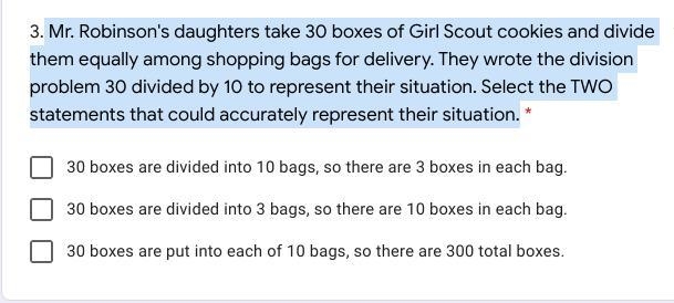 Mr. Robinson's daughters take 30 boxes of Girl Scout cookies and divide them equally-example-1