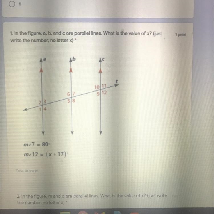 1 point 1. In the figure, a, b, and c are parallel lines. What is the value of x? (just-example-1