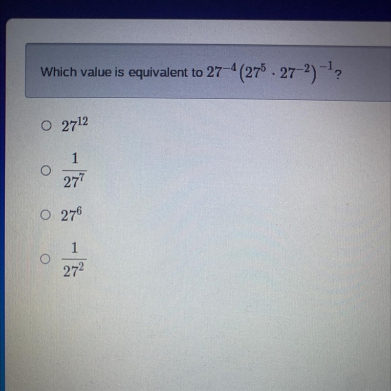 Which value is equivalent to 27 - (27² 27-2) -12 02712 1 277 оо 1 272-example-1