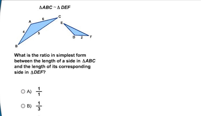 What is the ratio in simplest form between the length of a side in ΔABC and the length-example-1