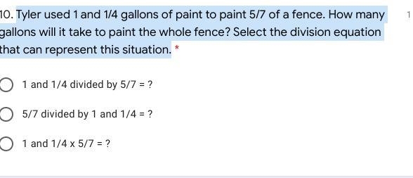 Tyler used 1 and 1/4 gallons of paint to paint 5/7 of a fence. How many gallons will-example-1