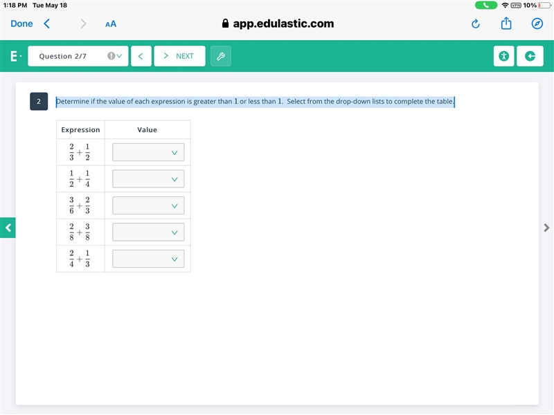 Determine if the value of each expression is greater than 1 1 or less than 1 1. Select-example-1