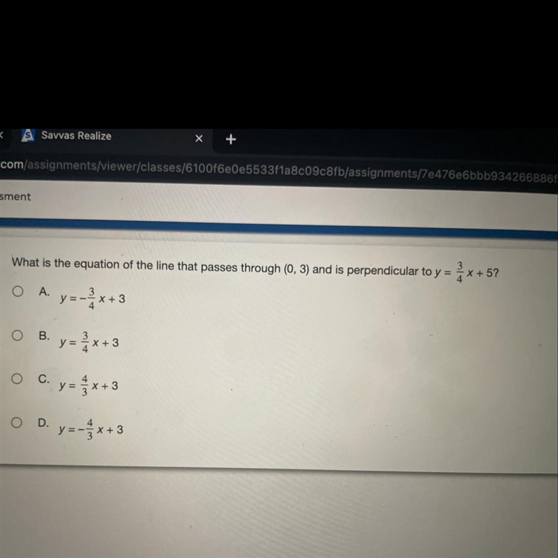 What is the equation of the line that passes through (0, 3) and is perpendicular to-example-1