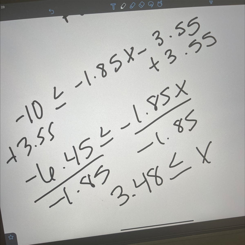 Solve the inequality -10≤-1.85x-3.55 Please help-example-1