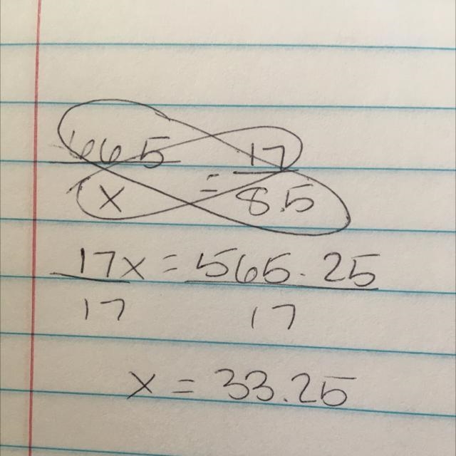 Find the missing value and show your steps please 66.5/x = 17/8.5 *Side note, the-example-1