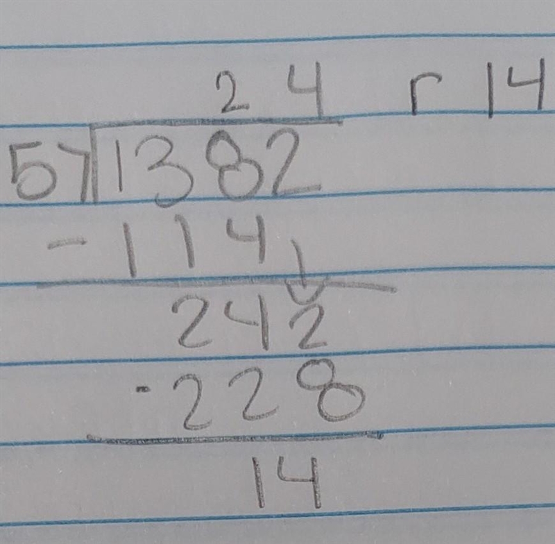 Use long division to find the quotient of 1,382 and 57. What is the remainder? 43 24 14 16-example-1