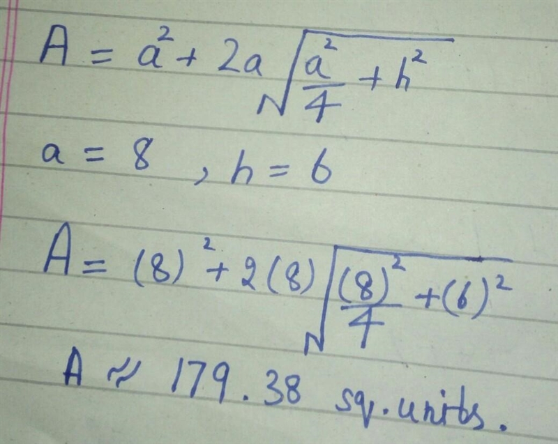 Find the surface area of the square pyramid shown below.-example-1