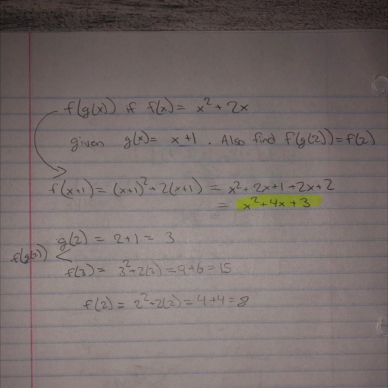 Find the function f(g(x)) if f(x) = x^2 + 2x. Given g(x) = x + 1. Also find f(g(2)) = f-example-1