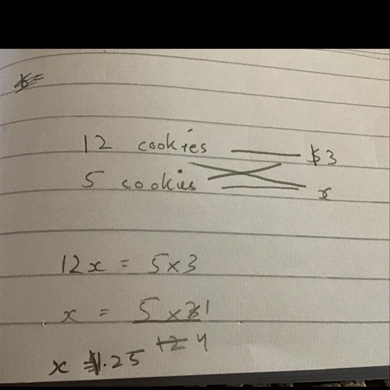 If 12 cookies cost $3, how much would I pay for 5 cookies? Set up a proportion and-example-1