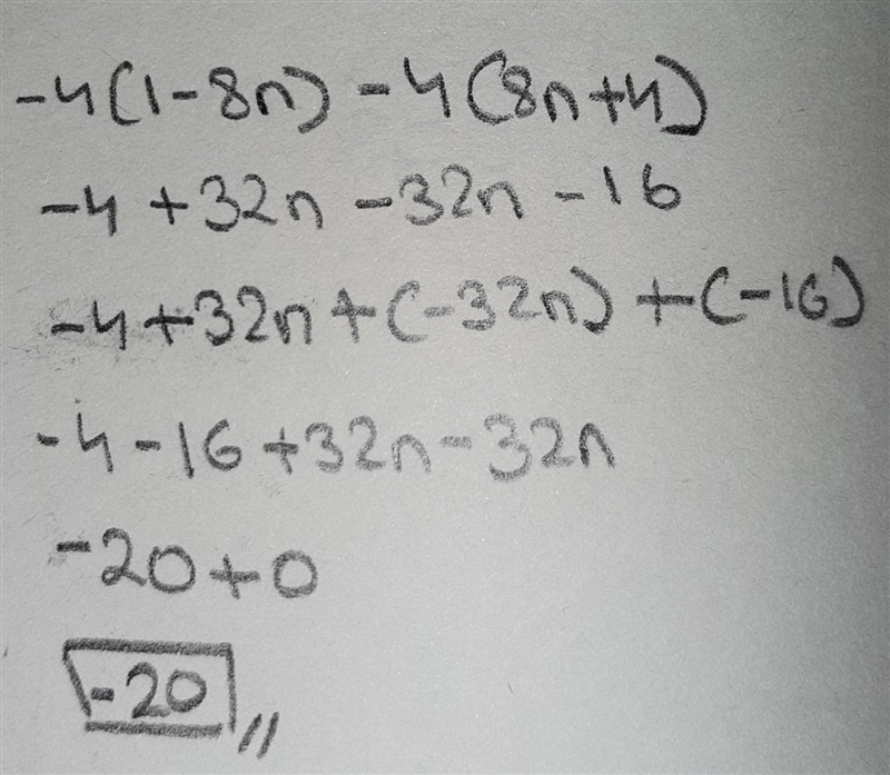 -4(1 - 8n) - 4(8n + 4) Simplify with Distributive property and combining like terms-example-1