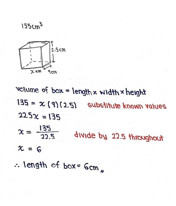 The box has a volume of 135 cm3. The height of the box is 2 1/2 cm. The base of the-example-1