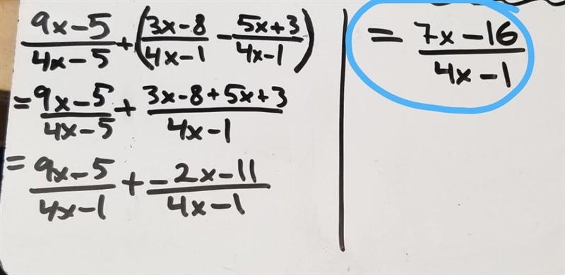 Which is the simplified rational expression for 9x-5/4x-1 + (3x-8/4x-1 - 5x+3/4x-1) ?-example-1