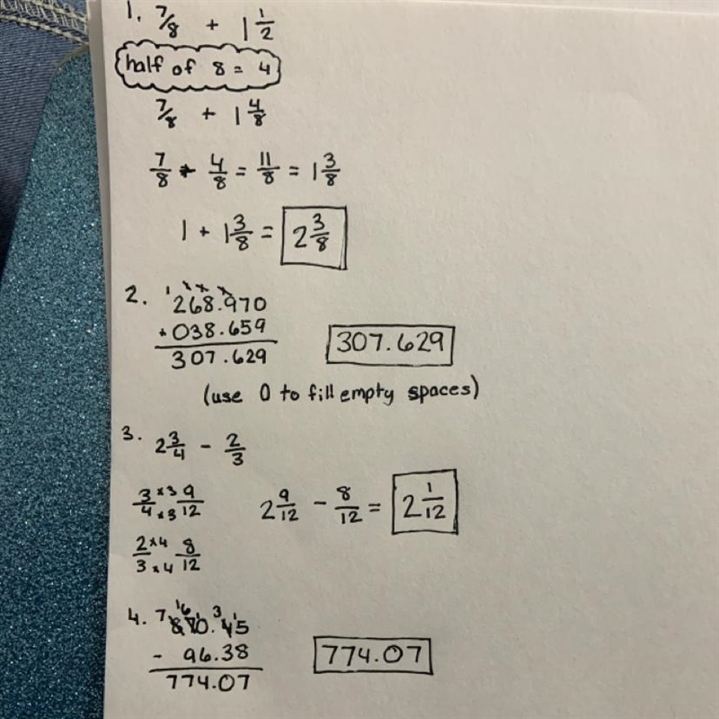 1. 7/8 + 1 1/2 = 2. 268.97 + 38.659 = 3. 2 3/4 - 2/3 = 4. 870.45- 96.38=-example-1