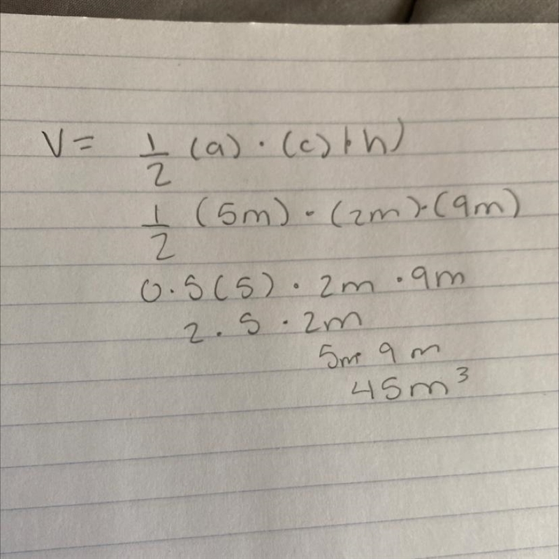 Find the volume of the triangular prism. 1.)90 m3 2.)9 m3 3.)5 m3 4.) 45 m3​-example-1