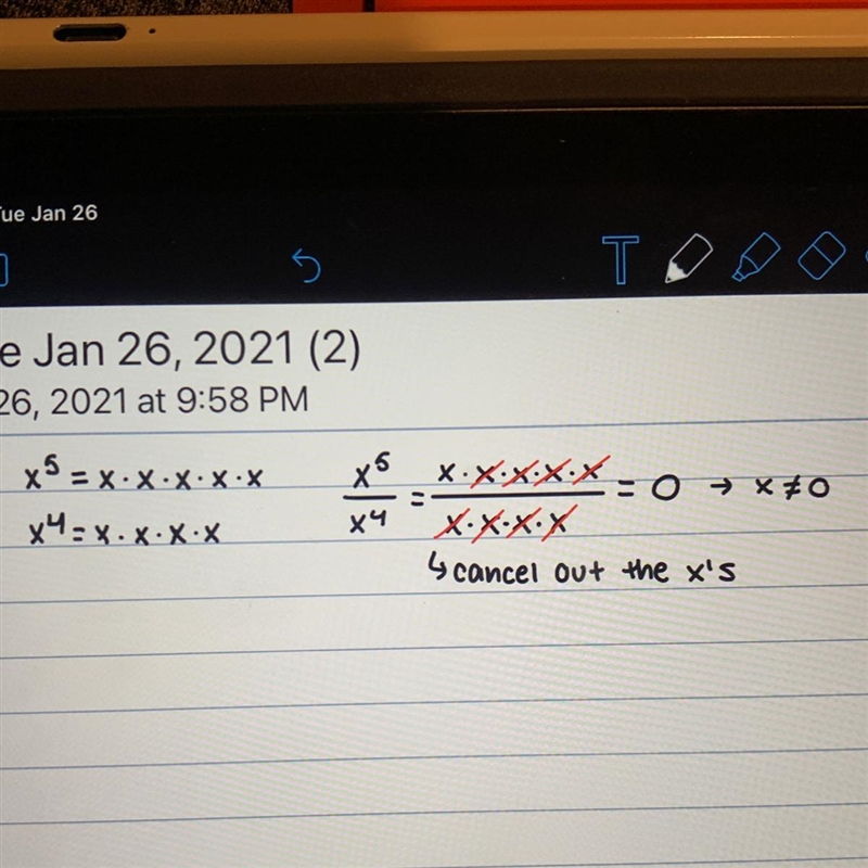 Simplify the expression x⁵ ÷ x⁴ , ≠ 0 please write it on paper so ik how to do it-example-1