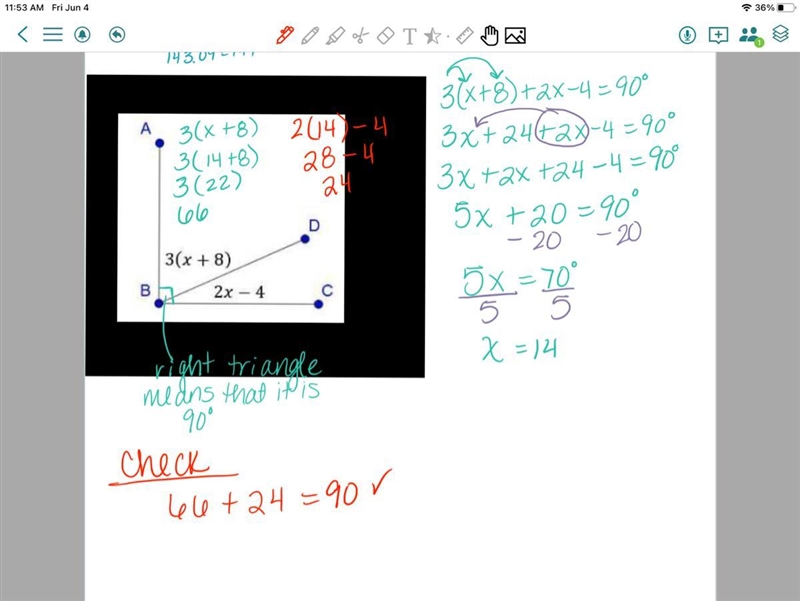 Angle ABC is a right angle. Write and solve an equation to determine the value of-example-1