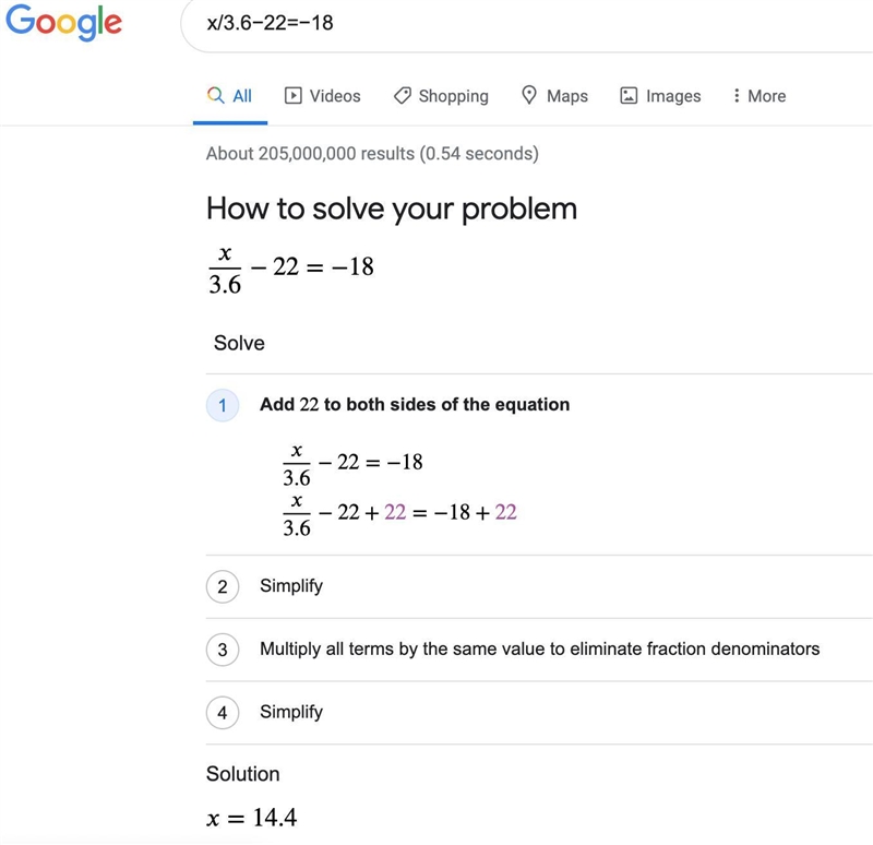 Solve the equation: x/3.6−22=−18-example-1