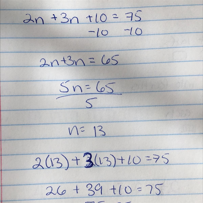 2n + 3n + 10 = 75 what is the value of n? include a check to check your answer please-example-1