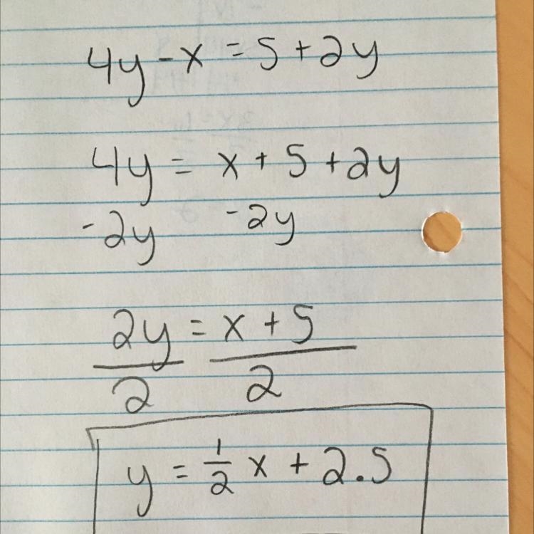 4y-x=5+2y in slope intercept form plz<3 explain-example-1