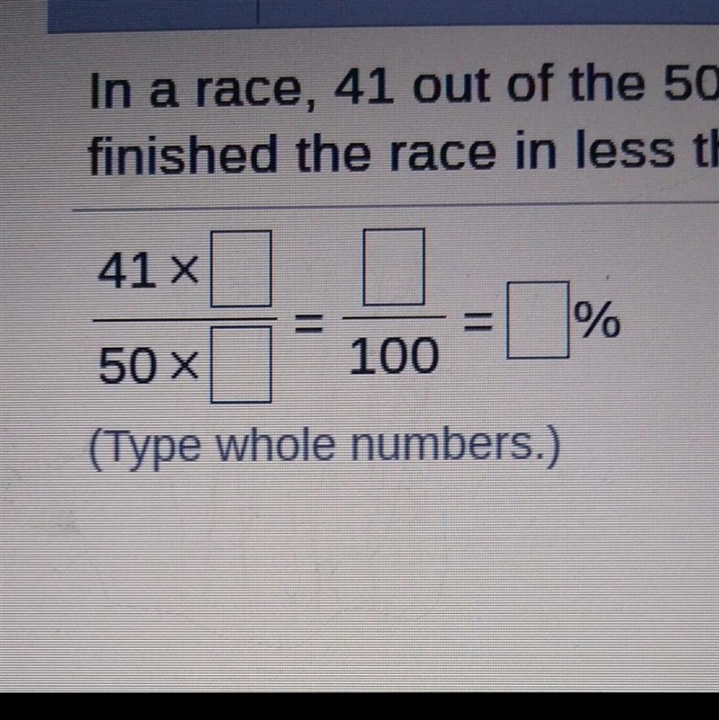 In a race, 41 out of the 50 bicyclists finished in less than 38 minutes. What percent-example-1