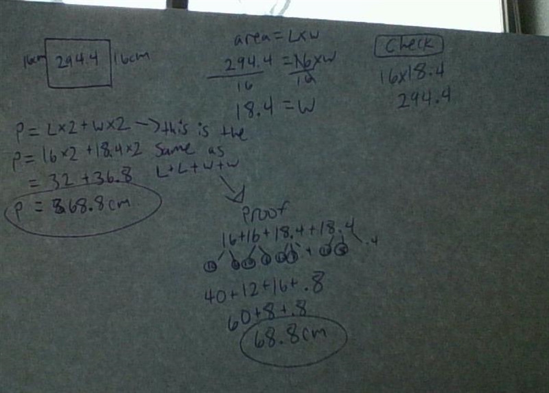 The area of a rectangle is 294.4 sq.cm. The length of one side is 16cm. What is the-example-1