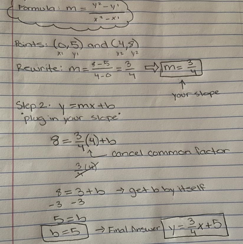 what is the equation of a line passes through the points(0,5) and (4,8) answer it-example-1