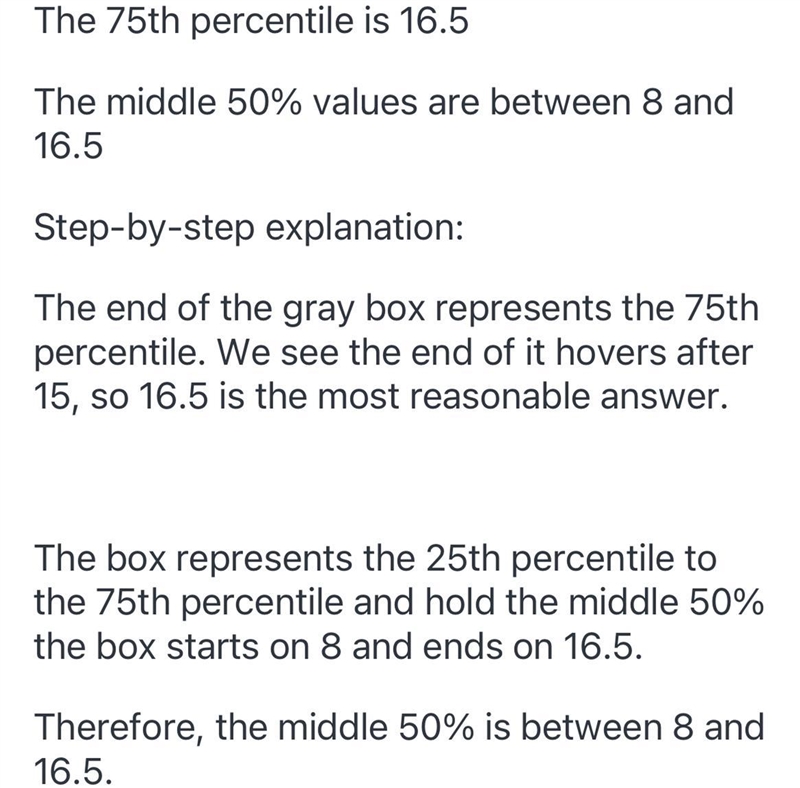 What is the 75th percentile? 8, 11.5, 16.5, 30 The middle 50% values are between? 2 and-example-1