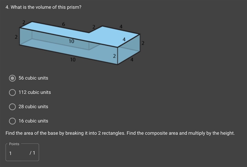 What is the volume of this prism 56 cubic units 16 cubic units 112 cubic units 28 cubic-example-1