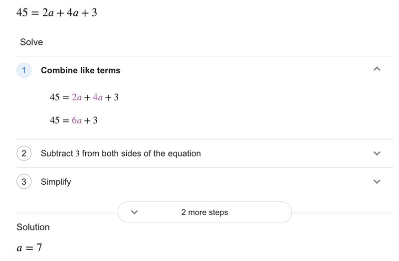 Select the value for “a” that makes this equation true: 45 = 2a +4a + 3-example-1