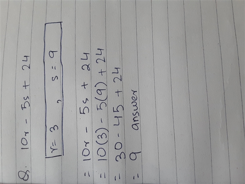 What is the value of 10r - 5s +24 when r = 3 and s = 9?-example-1