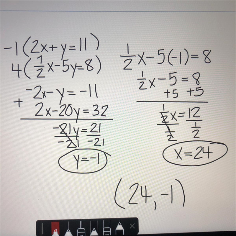 What is the solution to the system of equations? 2x+y=11 1/2x-5y=8-example-1