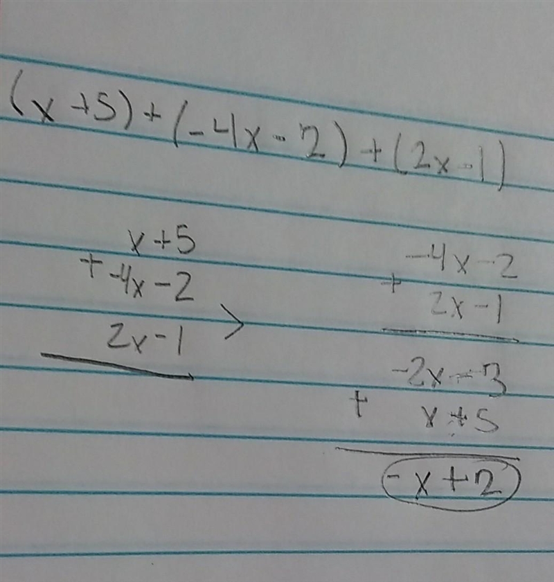 Find the sum of (x+5), (-4x-2), and (2x-1) Show your work please-example-1