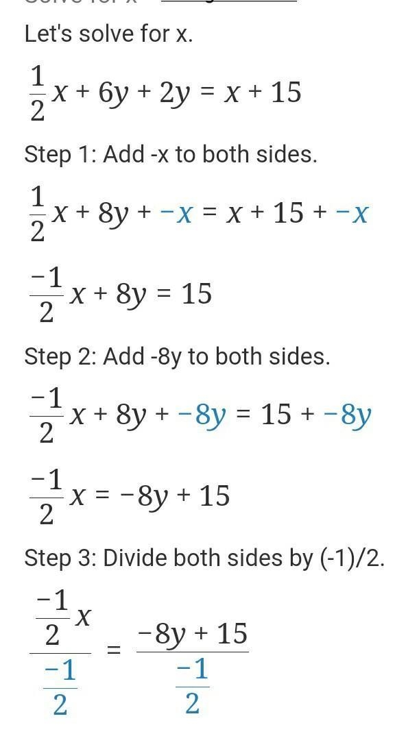 Please Help! Solve this system of equations { 1/2x+6y+2 y=x+15-example-2