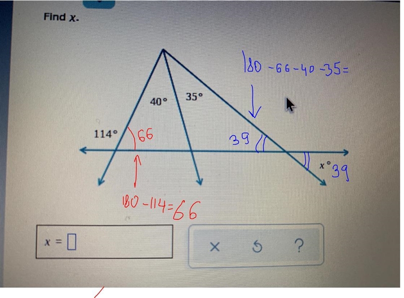 Find x. (Finding an angle measure given extended triangles) Please helpppppp-example-1