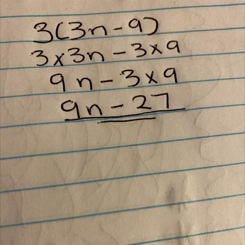 How to solve 3(3n-9) on expression.-example-1