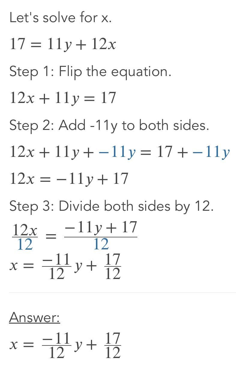 17=11y+12x in slope intercept form please explain-example-1