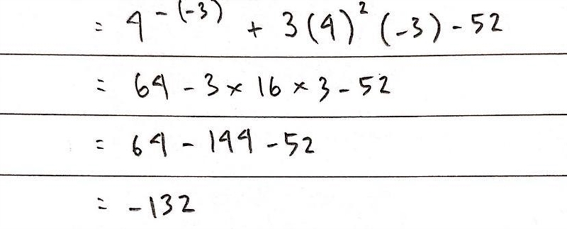 If m=4 n=-3, solve: m^-n+3m^2*n-52-example-1