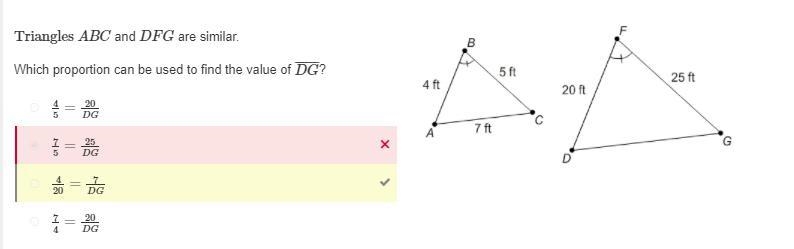 ​Triangles ABC​ and DFG are similar. Which proportion can be used to find the value-example-1