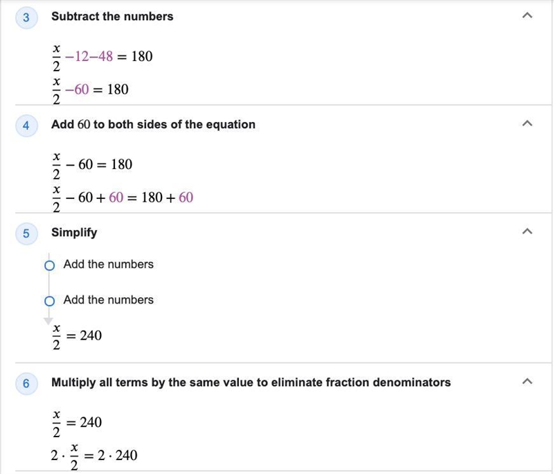 1/2x-12-48=180 Process of how to find X? please I need the help-example-2