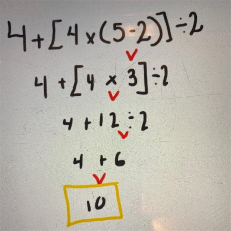 4 + ( 4 X ( 5 - 2)] ÷ 2-example-1