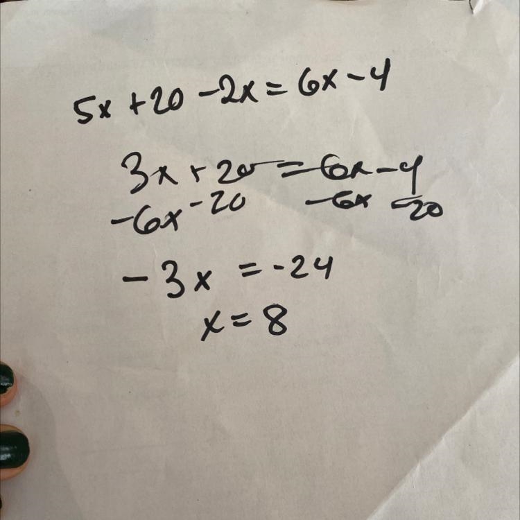 Solve: 5 ( x + 4 ) - 2x = 6x - 4-example-1