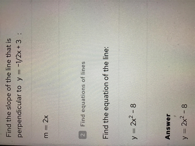 Write an equation of a line that passes through the point (2,0) and is perpendicular-example-1